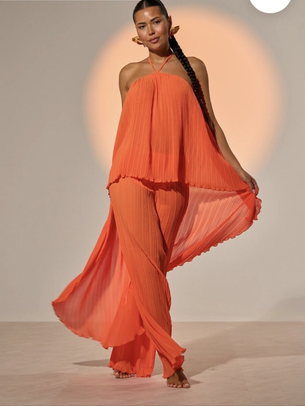 AKIRA Pleated Wide-Leg Halter Top in Bright Orange Sz S/M